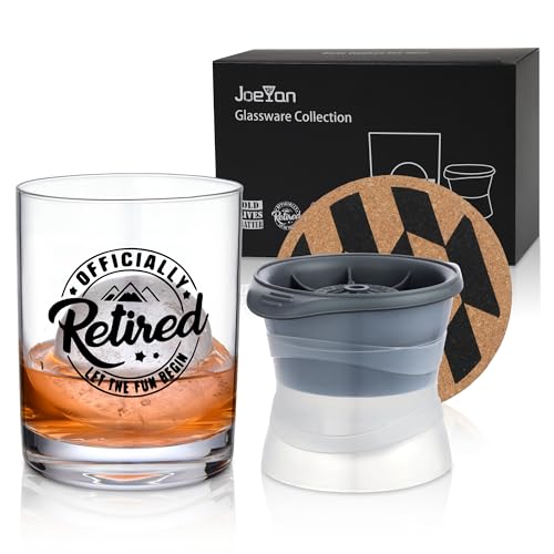 Joeyan Rentner Geschenk Mann,Rentnerin Geschenke Frau, Pension Geschenk für Kollege,360ml Geblasenes Whiskey Glas Tassen Set mit Eiskugel Form von Joeyan