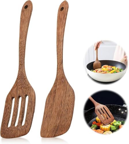 Pfannenwender Holz, 2 Stück 30cm Groß Pfannenwender mit Langem Griff und Schlitzwender, Spatel Kochgeschirr Turner Antihaft Spülmaschinenfest zum Kochen, Kchen Spatel Set, Schutz Vor Kratzer für Pfann von Jognee