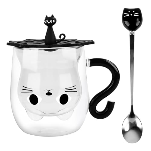 Süße Katzen Tasse,280 ml Doppelwandige Süße katze,Doppelwandige Thermogläser mit Löffel,Doppelwandige Isolierglas,Kaffeeglas Doppelwandig,Doppelwandig Teegläser,Geschenk für katzenliebhaber von Jognee