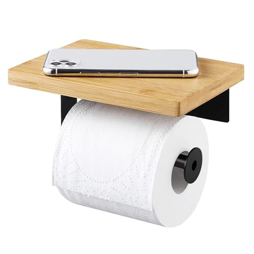 Toilettenpapierhalter ohne Bohren mit Ablage,Schwarz Klopapierhalterung,Klopapierhalter mit Holzplatte,Wandmontage Klorollenhalter,Rollenhalter Selbstklebend,Wc Papier Halterung für Küche Badzimmer von Jognee