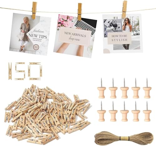 Jogoico Mini Holzklammern 150 Stk. Kleine Holzklammern Mini Wäscheklammern Holz Miniklammern mit 10m Juteschnur&10 Nägeln, Deko Klammern 2,5cm Zierklammern für Foto Bilder Collagen Postkarten Geschenk von Jogoico