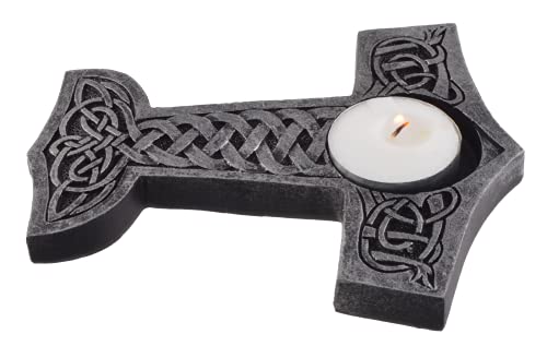 Thor's Hammer Teelichthalter - Mjölnir Kerzenhalter 14cm - Nordische Mythologie Deko - Wikinger Geschenk - Polyresin Skulptur - Fantasy Tischdekoration von Joh. Vogler GmbH