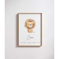 Poster Personalisiert Mit Geburtsdaten Und Name | Deko Junge Mädchen Kinderzimmer Geschenk Geburt/Taufe Geburtsposter Löwe | Nr.920-01 von JohannaBuegler