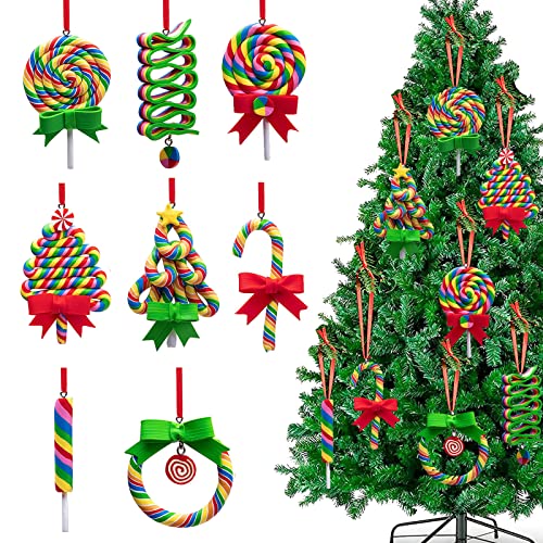 8 Stücke Zuckerstangen Weihnachten Lollipop Ornaments,Christbaumschmuck Süßigkeiten Regenbogen Lollipop Hängende Ornaments-Weihnachtsbonbons Polymer Clay Baumschmuck Weihnachten. von Johiux