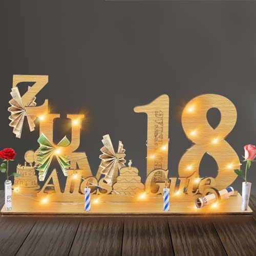 Geschenke zum 18 Geburtstag Mädchen Junge, Geldgeschenke Geburtstag 18 Alles Gute zum mit LED Lichterkette Ständer,Holz 18.Geburtstag Deko,Coole Geschenkideen zum 18.Geburtstag Tischdeko. von Johiux