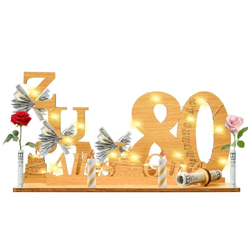 Geschenke zum 80 Geburtstag Frau Mann,Geldgeschenke Geburtstag 80 Alles Gute zum mit LED Lichterkette Ständer,Holz 80.Geburtstag Deko,Coole Geschenkideen zum 80. Geburtstag Tischdeko. von Johiux