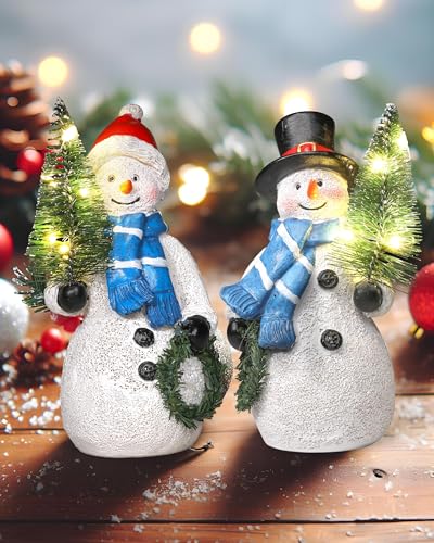 Johiux 2 Stücke Schneemann Winterdeko innen Led Weihnachtsdeko Weihnachtsfiguren,Harz Schneemann Figuren - Weihnachtsdekorationen Indoor Schneemann Dekorative Ornament Winterurlaub Dekoration. (Weiß) von Johiux