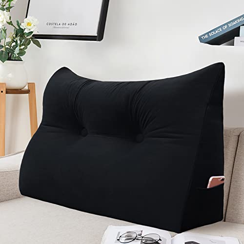 Johnear Rückenkissen Bett Keilkissen Sofa Rückenlehne Lesekissen, Lehnenkissen Dreieckige Kopfkissen Lendenkissen mit abnehmbarem Samt Bezug （Schwarz, 60cm von Johnear