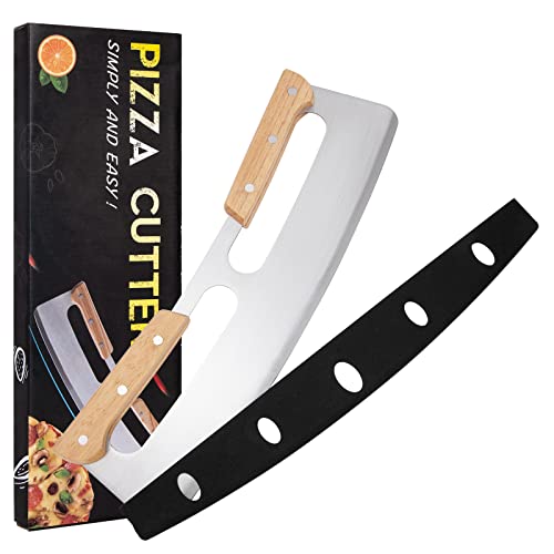 Pizzaschneider Schnelles und Gleichmäßiges Schneiden Profi Pizzamesser aus Edelstahl mit Doppel Holzgriff 35cm Pizzacutter mit Klingenschutz von Johotone