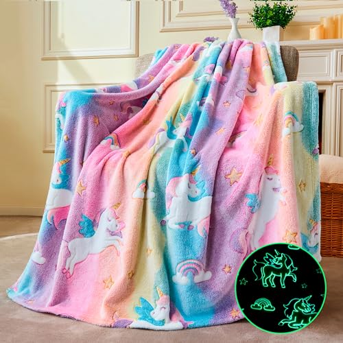 Joiedomi Decke Kuscheldecke Leuchtet im Dunkeln – Einhorn-Geschenke und Spielzeug für Mädchen im Alter von 2 bis 12 Jahren – Weiche, gemütliche Flanell-Kinderdecke – Geburtstagsgeschenk 50"×60" von Joiedomi