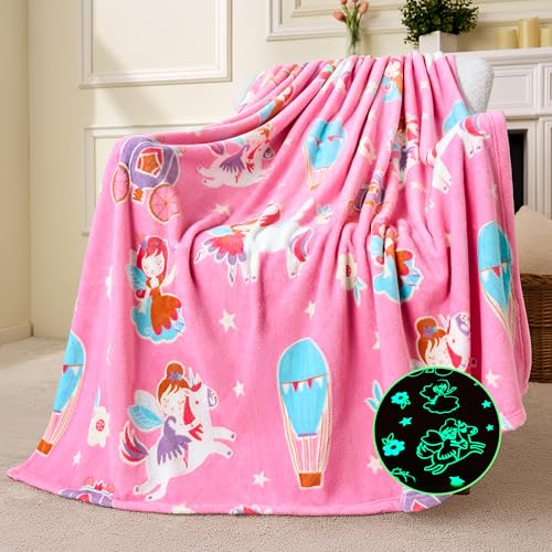 Joiedomi Decke Kuscheldecke Leuchtet im Dunkeln – Lila Einhorn-Geschenk für Mädchen im Alter von 2 bis 12 Jahren – Weiche, gemütliche Flanell-Kinderdecke – Geburtstagsgeschenk 50"×60" von Joiedomi