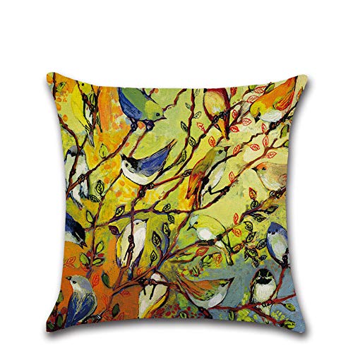 Joielavie Kissenhülle Leinen Baumwolle gemischt bedruckt Malerei Multi Vogel Baum Blätter lebendig quadratisch Kissenbezug Dekoration Sofa Bett Haus Sofa 45 x 45 cm (6 Motive) #2 von Joielavie