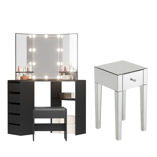 Joiemebi Set aus Nachttisch mit 1 Spiegelschublade und Spiegelfrisiertisch, beleuchteter Schminktisch mit Hocker für das Schlafzimmer (Schwarz) von Joiemebi