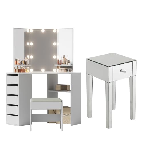 Joiemebi Set aus Nachttisch mit 1 Spiegelschublade und Spiegelfrisiertisch, beleuchteter Schminktisch mit Hocker für das Schlafzimmer (Weiß) von Joiemebi