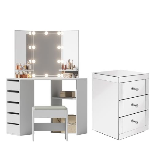 Joiemebi Set aus Nachttisch mit 3 Spiegelschubladen und Spiegelfrisiertisch, beleuchteter Schminktisch mit Hocker für das Schlafzimmer (Weiß) von Joiemebi
