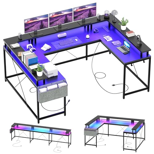 Jojoka U-förmiger Computer-Gaming-Schreibtisch, wendbarer L-förmiger Schreibtisch mit Steckdosen, LED-Streifen und Monitorständer, großer Eckschreibtisch mit Ablagen für Home Office, Schwarz von Jojoka