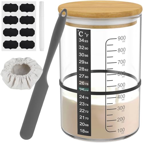 8Pcs Sauerteig Starter Glas Set 900ml, Fermentieren Starter Set mit Holzdeckel Temperaturmesspapier Stift, Luftdichte Vorratsgläser mit Deckel zum Lebensmittelkonservierung zur Hefegärung Verwendet(A) von Jokapy