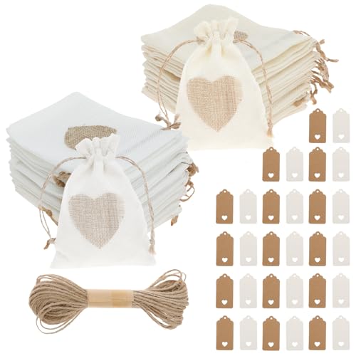 Jokapy 30pcs Polyester Bulk -Sackleinenbeutel mit Hangtag -Schnur für Süßigkeiten bevorzugen wiederverwendbarer Kleiner Sackleinensack mit Dual Draw String gegen das Festival von Jokapy