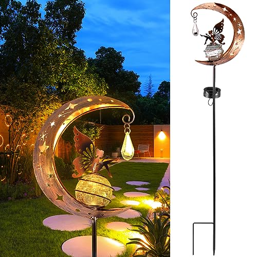 Mond Solarlampen für Außen Garten, Solarleuchte Gartendeko für Draußen, Elfe/Blumenfee Wasserdichte Solarleuchte mit Erdspieß, Freien Solarlampe für Außen, Terassendeko, Rasen, Balkon (Wassertropfen) von Jokapy