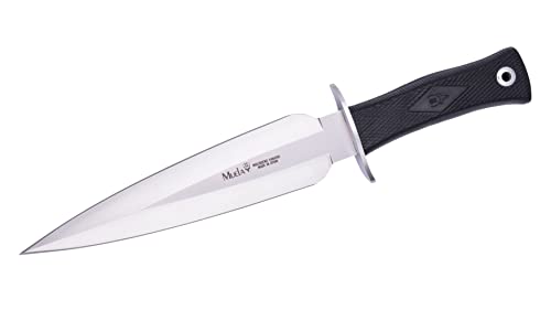 Jagdmesser mit durchgehendem Erl, präsentiert von Muela, Modell CARIBU.G, hergestellt aus X50CrMoV15-Stahl, Gummigriff, Schutzbügel aus rostfreiem Stahl, braune Lederscheide + Mehrzweck-Geschenkkarte. von Joker