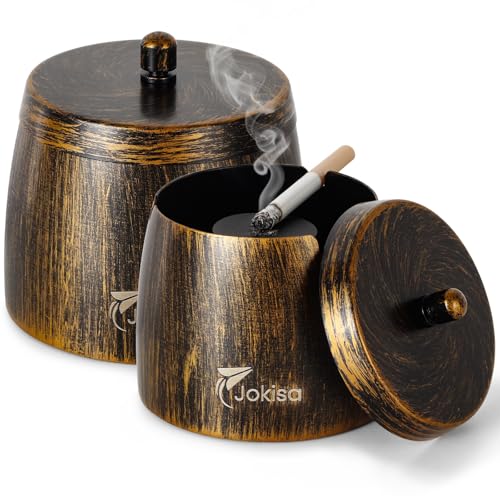 Aschenbecher für Draussen 2er Set, Edelstahl Retro Aschenbecher mit Deckel für Innenbereich & Outdoor, Windaschenbecher mit Rutschfestem Unterseite für Garten Bar und Balkon - L von Jokisa