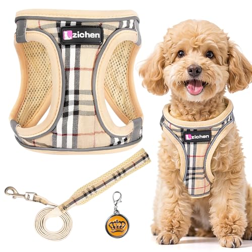 Hundegeschirr Kleine Hunde mit Leine, Step-in Geschirr Reflektierend Atmungsaktiv Brustgeschirr, Welpengeschirr, für Kleine Hunde, Katzen (Beige, M) von Jokureao
