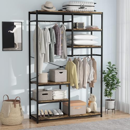 JoliJour Garderobe Industrial Style,Kleiderständer Offener aus Spanplatte und Metall,Garderobenständer für Schlafzimmer,Kommt mit 5-stöckigen Aufbewahrungsregalen und 2 Kleiderstangen,Garment Rack von JoliJour