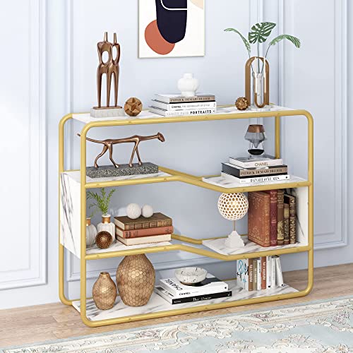 JoliJour Konsolentisch Gold,Dekorative Kunstmarmoroberfläche,Konsolentisch mit Goldenem Metallrahmen Flurtisch Dekotisch Sideboard Beistelltisch,4 Etagen Eingangstisch,Konsolentische,100 * 30 * 78cm von JoliJour