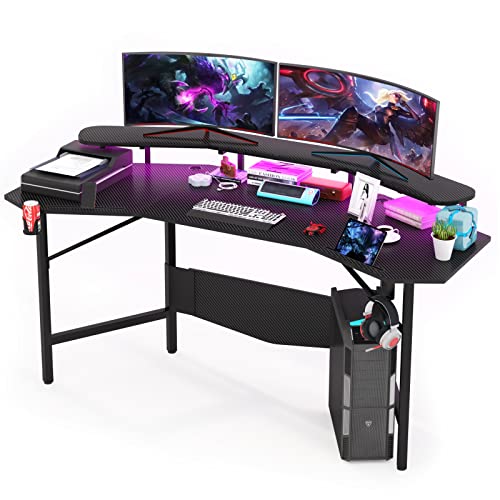 JoliJour Tisch Gaming Schreibtisch Led, 180 x 60 cm PC Gaming-Tisch Ergonomischer Computertisch, Belastbar Arbeitstisch Gaming-Tisch Gaming-PC Mit Getränkehalter und Kopfhörerhaken, 2 Rillen Stehen von JoliJour