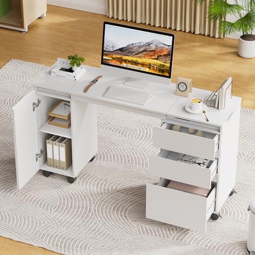 JoliJour Weißer Schreibtisch Mit Schubladen, Ausziehbar Mit Rollen, 3 Schubladen und 1 Tür, Zusammenfaltbar Zu Aktenschrank, Computertisch, 66-120*36.5*73cm JoliJour Weißer Schreibtisch Mit Schubladen, Ausziehbar Mit Rollen, 3 Schubladen und 1 Tür, Zusammenfaltbar Zu Aktenschrank, Computertisch, 66-120*36.5*73cm von JoliJour