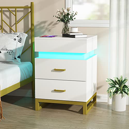 Nachttisch 3 Schubladen Weiß Hochglanz mit LED Licht RGB LED Beleuchtung Nachtschrank Kommode Sofatisch Moderner Nachttisch mit Schiebeplatte & Goldenen Metallbeinen für Schlafzimmer oder Wohnzimmer Nachttisch 3 Schubladen Weiß Hochglanz mit LED Licht RGB LED Beleuchtung Nachtschrank Kommode Sofatisch Moderner Nachttisch mit Schiebeplatte & Goldenen Metallbeinen für Schlafzimmer oder Wohnzimmer von JoliJour