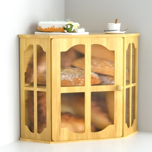 Jolitac Eck-Brotkasten – Bauernhaus-Vintage-Stil, Massivholz-Brotaufbewahrung mit gewellter Acryl-Türplatte, großes Fassungsvermögen, doppellagiger Arbeitsplatten-Organizer für hausgemachtes Brot von Jolitac