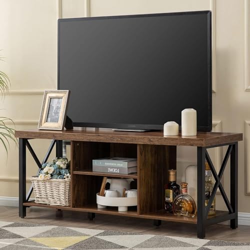 TV Schrank Fernsehtisch Vintage Fernsehregal, Lowboard TV Regal Ständer mit Ablagen für Fernseher bis zu 55 Zoll, Braun 127x50x38cm, aus Holz und Metal von Jolitac