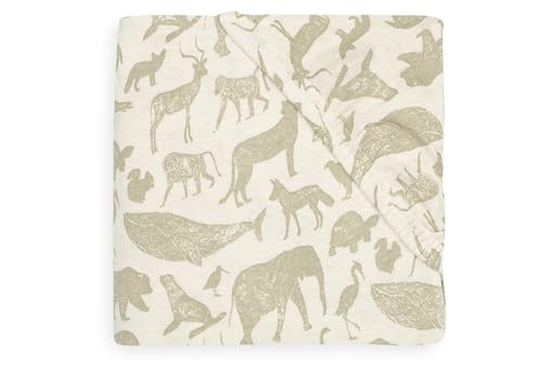 Jollein Spannbettlaken Jersey - Animals, Olive Green - 70x140cm - 100% Baumwolle - Spannbetttuch - Tier Print, Olivgrün von Jollein