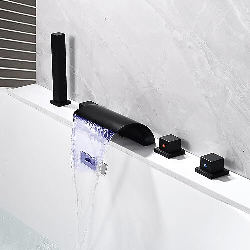 Wasserfall-Badewannenarmatur, Badewannenarmatur, 5-Loch-LED-Badewannenarmatur, Badewannenrand, Duschset mit Handbrause, Schwarz. von Jolre