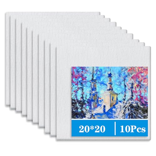 Jomdjmskes 10 Pcs Leinwand zum Bemalen, 20x20cm 100% Baumwolle Bespannte Keilrahmen Leinwände, Malen Canvas Painting, Weiße Künstler Canvas Panel, 3mm Starkem Malkarton Geeignet für Acryl, Öl Malerei von Jomdjmskes