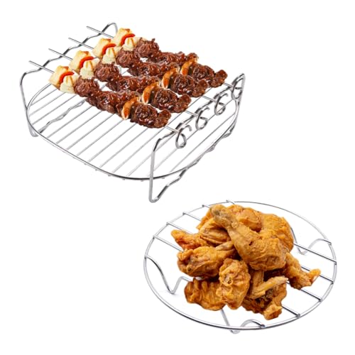 Jomdjmskes 2 Stück Airfryer Zubehör, Heißluftfritteuse Zubehör, Grillrost und Dämpfen Rack, Gitter für Heißluftfritteuse, Air Fryer Double Layer Rack Mehrzweck-Luftfritteuse Zubehör mit 4 Spießen von Jomdjmskes