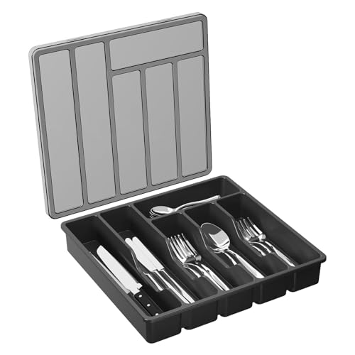 Jomewory Besteck Organizer Bestecktablett Mit Deckel, Schubladen Utensilien Aufbewahrungstablett, 6 Fächer, Abgedeckter Besteck und Besteckkasten, Besteckhalter Auf Der Arbeitsplatte von Jomewory
