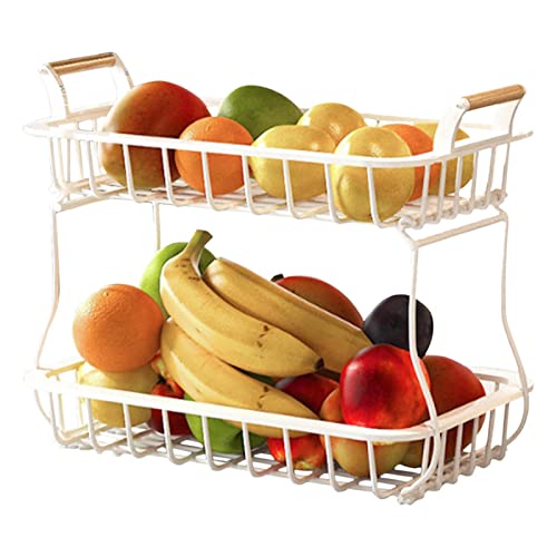 Jomewory Obst Etagere, 2 Stöckig Obstschale, mit Holzgriffen, Obstkorb Aufbewahrungsschalen aus Metall, Doppelschichtige Obst und Gemüsekörbe zum Aufbewahren und Abtropfen, 37 x 32,5 x 22 cm von Jomewory