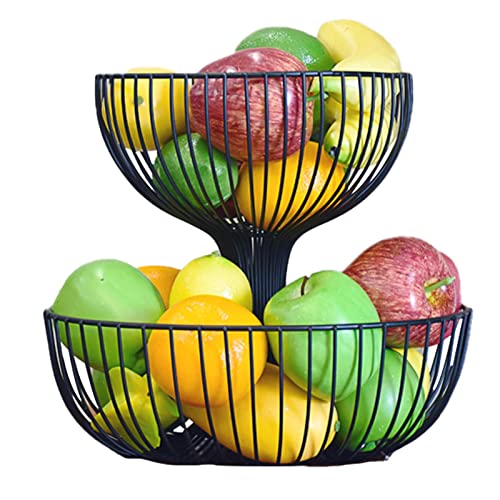 Jomewory Obst Etagere, Obstschale Rund, 2 Stöckig, Höhe 27cm, Obstkorb Aufbewahrungsschalen aus Metall, Doppelschichtige Obst und Gemüsekörbe zum Aufbewahren und Abtropfen von Jomewory