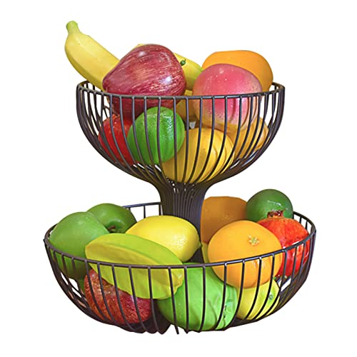 Jomewory Obst Etagere, Obstschale Rund, 2 Stöckig, Höhe 27cm, Obstkorb Aufbewahrungsschalen aus Metall, Doppelschichtige Obst und Gemüsekörbe zum Aufbewahren und Abtropfen von Jomewory