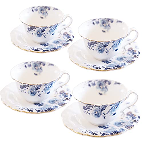 Jomop Keramik Teetassen Kaffeetasse und Untertassen 4er Set (blau und weiß) von Jomop