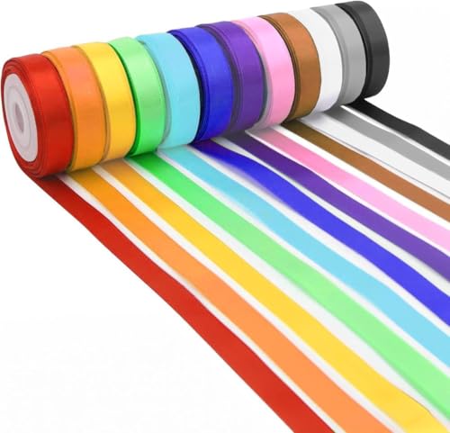 Jonami Satinband 12 Farben 22mX10mm, Schleifenband Geschenkband Bänder zum Basteln, Polyester Seidenband Dekoband Stoffband Set für Hochzeit Dekoration, Geschenk Verpacken, Basteln von Jonami
