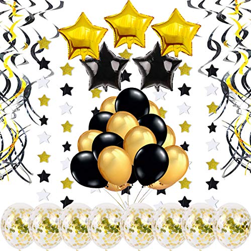 Party Deko Gold Schwarz -46 Stück- Geburtstagsdeko Geburtstag Dekoration Feirer, Deckenhänger, Folienballons, Luftballons, Girlanden mit Sternen von Jonami