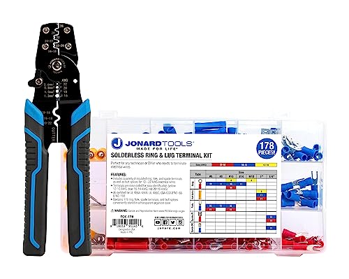 Jonard Tools TCK-178X Lötfreier Ring- und Laschenanschlusssatz mit Stoßverbindern, Ring-, Gabel- und Flachkontaktanschlüssen sowie Klemmenpresse von Jonard Tools