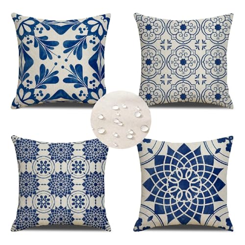 Kissenbezug 45x45 cm Blau Weiss 4er Set Outdoor Kissen Wetterfest Sofakissen Leinen Deko Kissen Quadratische Kissenbezüge Einfachheit Zierkissen, Lounge Kissen Outdoor für Garten Balkon Terrasse S 60 von Jonceen