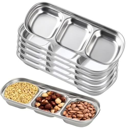 Jonikuper 6 Stück Edelstahl-Saucenschalen, 3 Fächer, geteilte Gewürze, Dip-Schalen, Küche, Servierteller, für Grillsoßen von Jonikuper