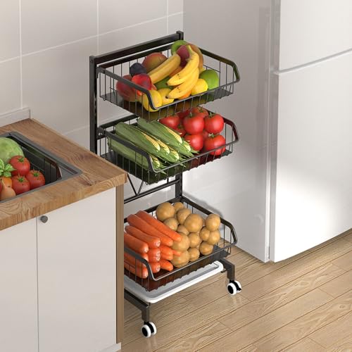 Jonlaki 4-stufiger Küchenlagerwagen auf Rädern, Einstellbare Metall-Roll-Gemüse-Lagerregal mit Holzoberteil und Maschenkörbe für (3 Körbe und 1 Holztischplatte) (4 Körbe) von Jonlaki