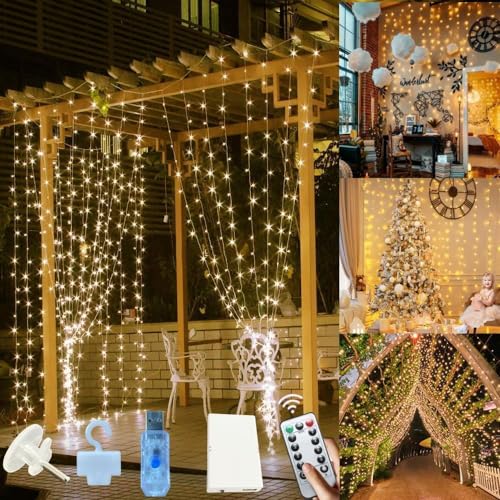 Jonurphy Lichtervorhang,3x3M 300 LEDs USB Lichterkette Vorhang 8 Modi mit 10 Haken Fernbedienung und Timer,Lichterkette Gardine für Weihnachten Wand Zimmer Schlafzimmer Innen Außen Deko von Jonurphy