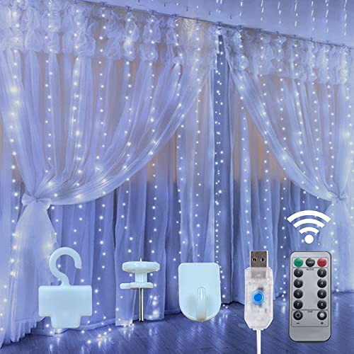 Jonurphy Lichtervorhang,Upgrade 3x3M 300 LEDs USB Lichterkette Vorhang 8 Modi mit 10 Haken Fernbedienung und Timer,Lichterkette Gardine für Weihnachten Wand Zimmer Schlafzimmer Innen Außen Deko von Jonurphy